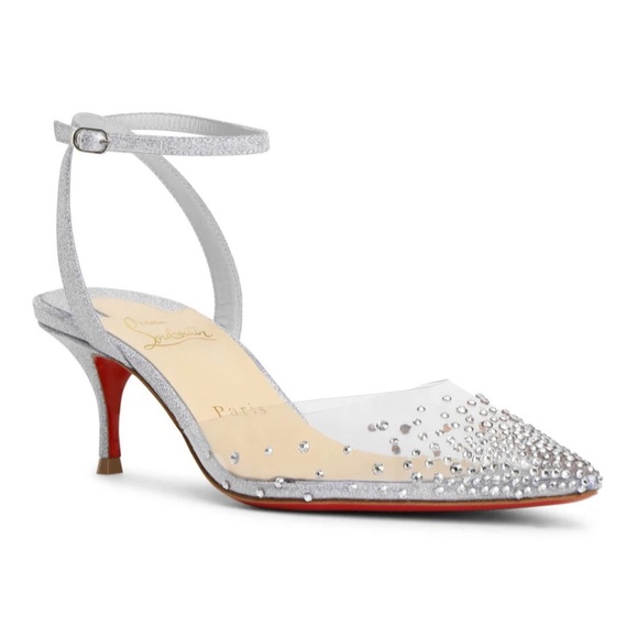 NEW Christian Louboutin Spikaqueen 55 Glitter Pointed Toe Kitten Heel Pumps 34 - Picture 1 of 16